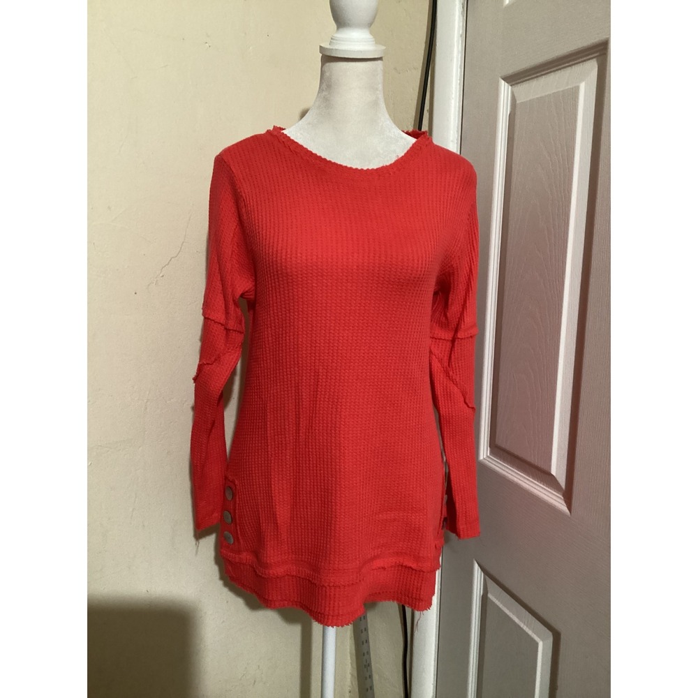 Soft Surroundings Coral Red Waffle Knit Long Sleeve Tunic Shirt Top XS Buttons